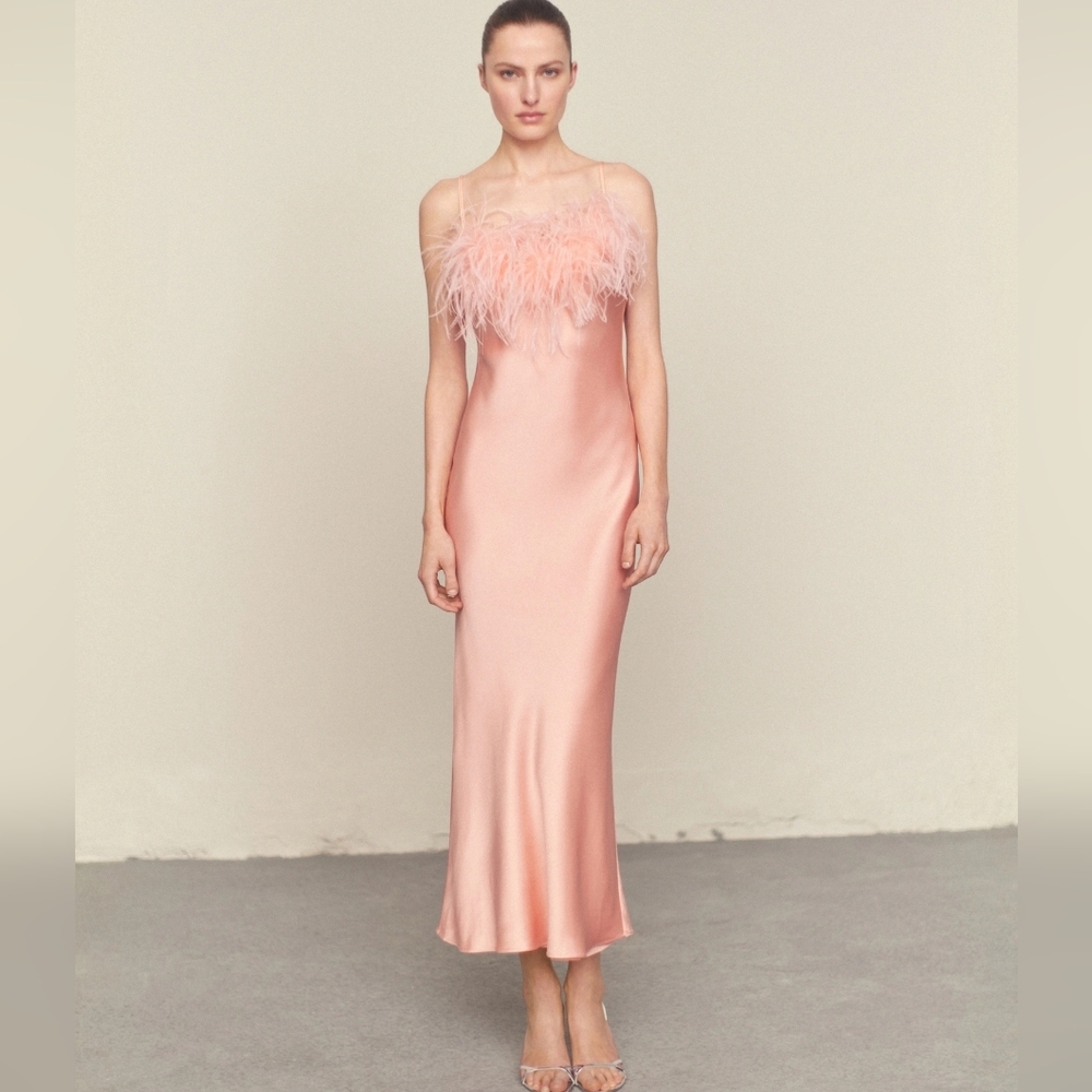 Mango Satin dress with feather detail